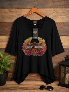 Harley-Davidson Rose of Saturn Rhinestone Sharkbite Top NWT Small Black